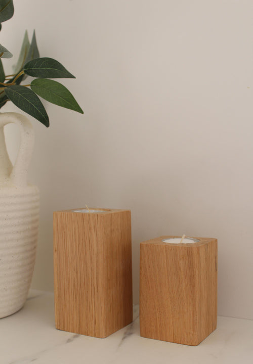 Lot de 2 bougeoirs en chêne massif pour bougies chauffe-plat